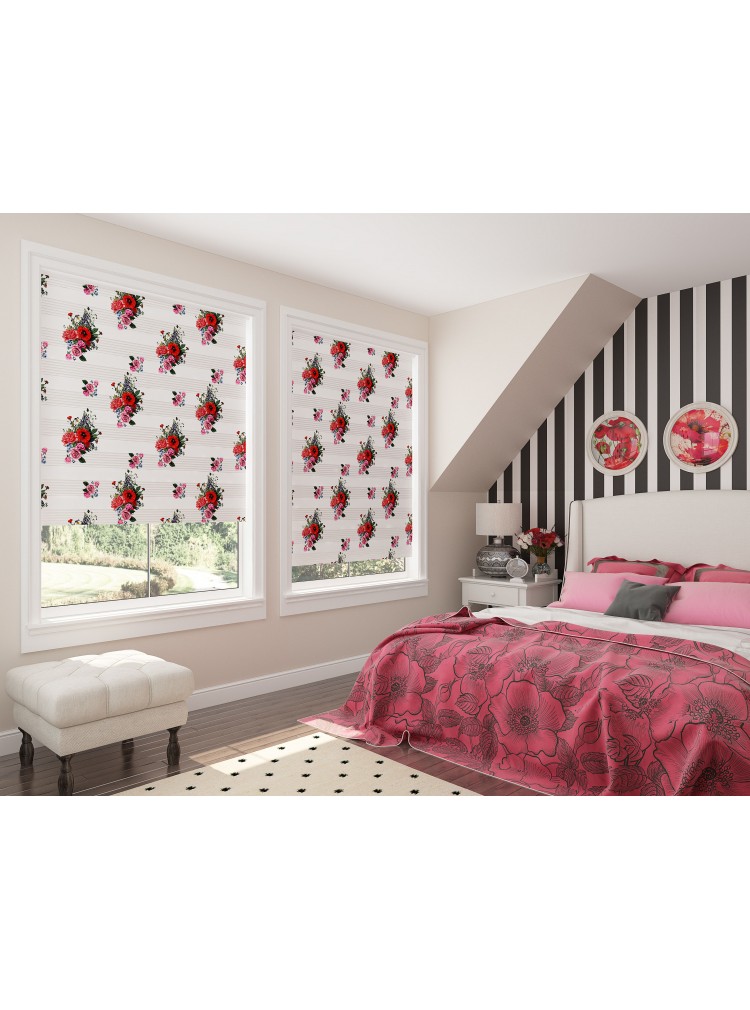 ZEBRA PERDE KIRMIZI PENBE ÇİÇEK MODEL